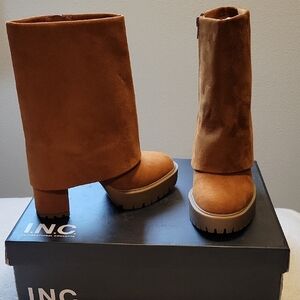 INC Acelina Faux Suede Cognac Cuff  Platform Mid-Calf Boots, NIB